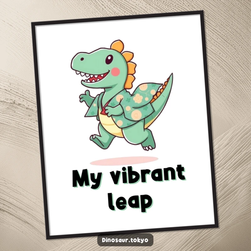 Funny digital art print of a playful dinosaur in a patterned kimono, leaping joyfully with vibrant energy.