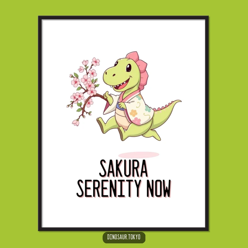 Funny Dino Kimono Digital Art: Happy Sakura Leap Instant Download