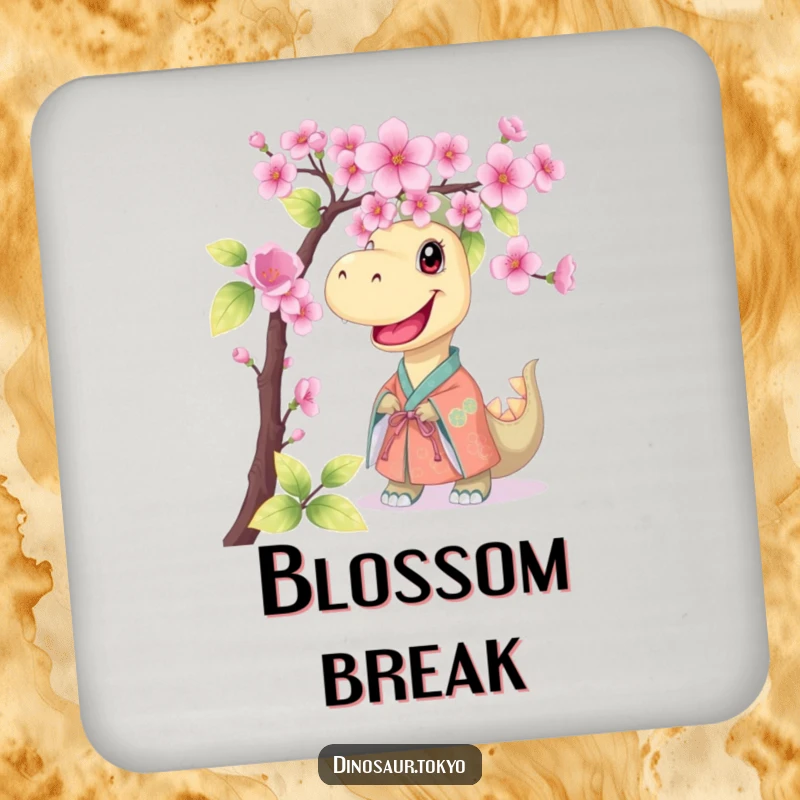 Funny coaster featuring a smiling dinosaur in a kimono, peeking from behind cherry blossoms, protecting surfaces with a humorous design.