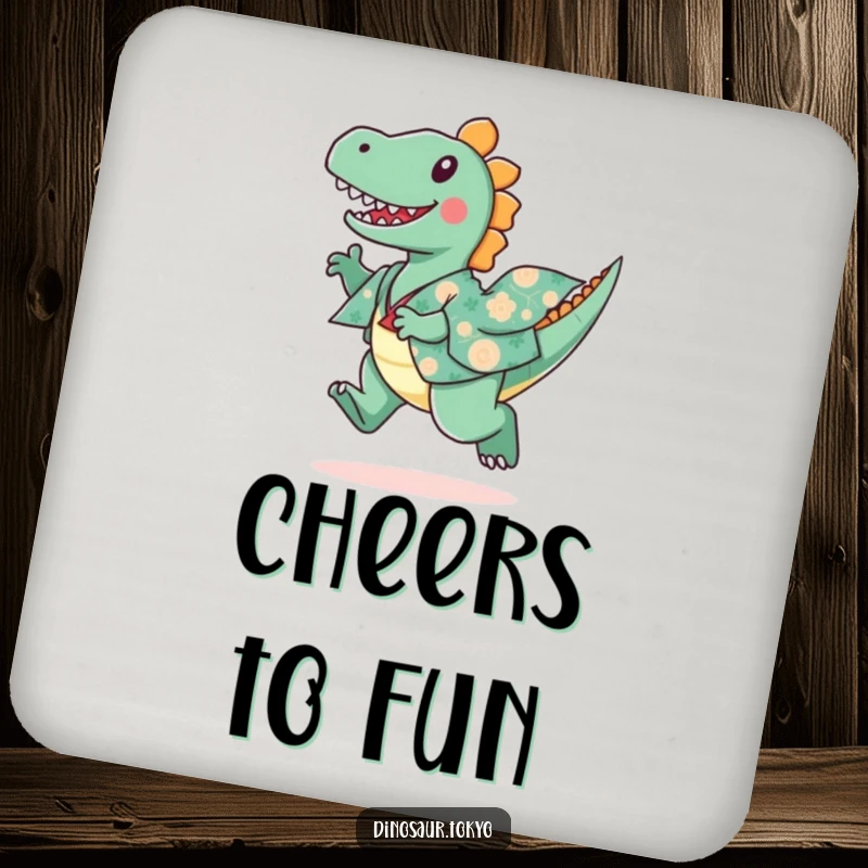 Funny coasters with a playful dinosaur wearing a patterned kimono, captured in a happy leaping pose.