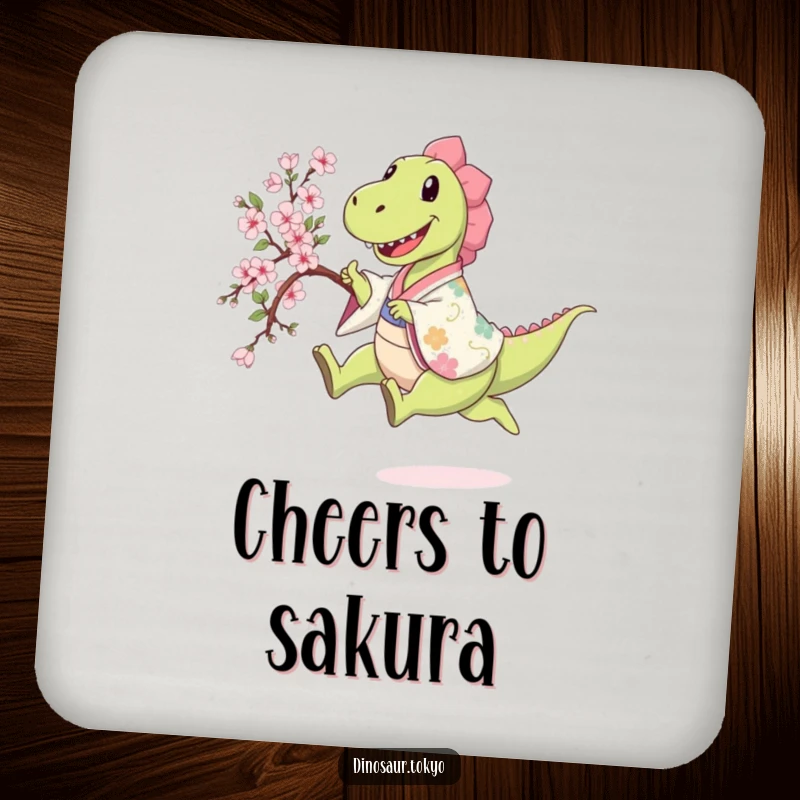 Funny happy dinosaur in a patterned kimono leaping while holding a sakura branch, a humorous and protective drink coaster.