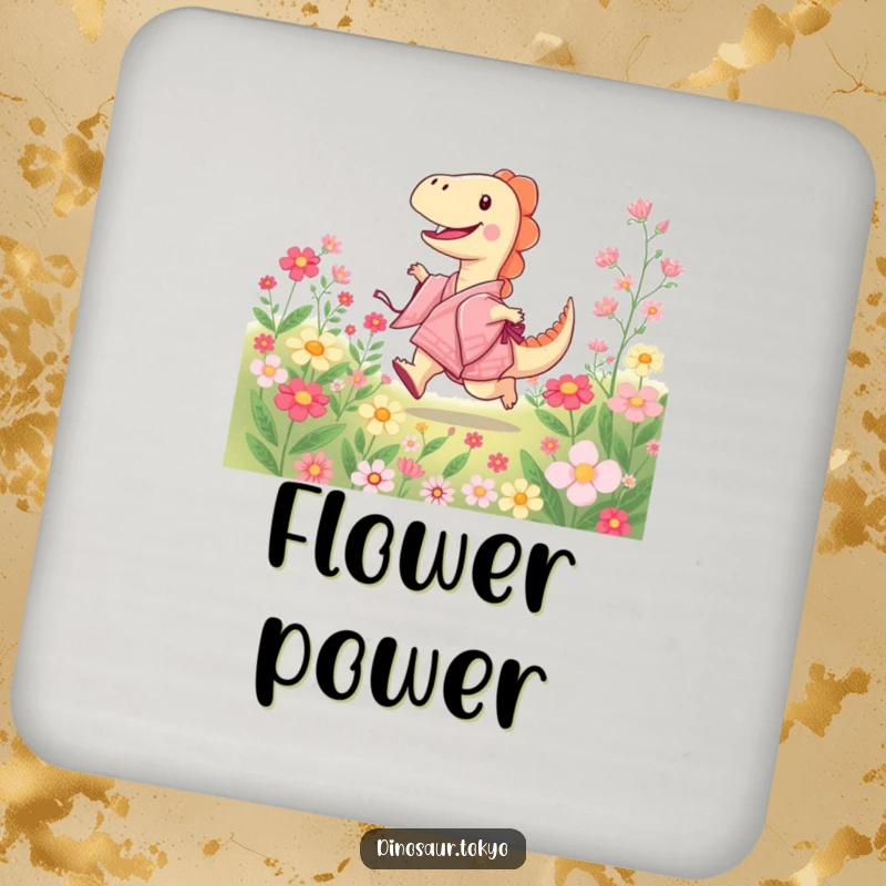 Funny coaster featuring a joyful dinosaur in a kimono skipping through blooming flowers, protecting surfaces with a cheerful design.