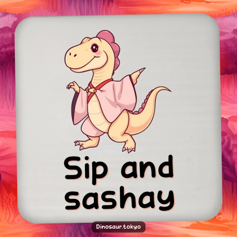 Funny Drink Coaster: A dinosaur in a silk kimono dances elegantly, adding a humorous and stylish touch to protect surfaces.