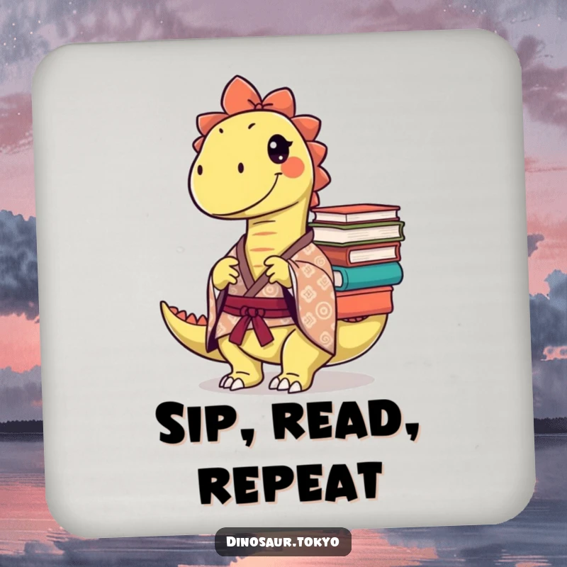 Funny Drink Coaster: A mischievous dinosaur in a patterned kimono balances books, adding humorous intellect to protect tabletops.