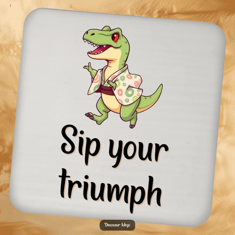 Funny Coasters featuring a joyful velociraptor in a patterned kimono executing a triumphant leap, protecting surfaces with flair.