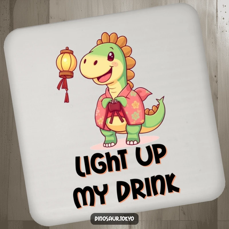 Funny Drink Coaster: A joyful dinosaur in a vibrant kimono holds a lantern, adding humorous light and charm to protect tabletops.