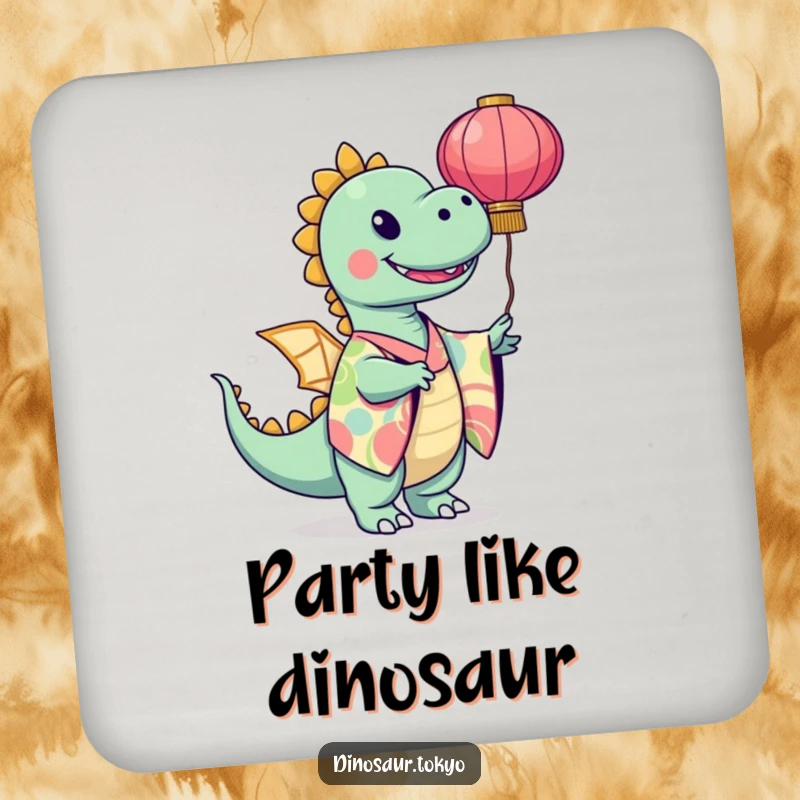 Funny dinosaur in a vibrant kimono twirling a paper lantern, artistic coasters to protect surfaces with whimsical charm.