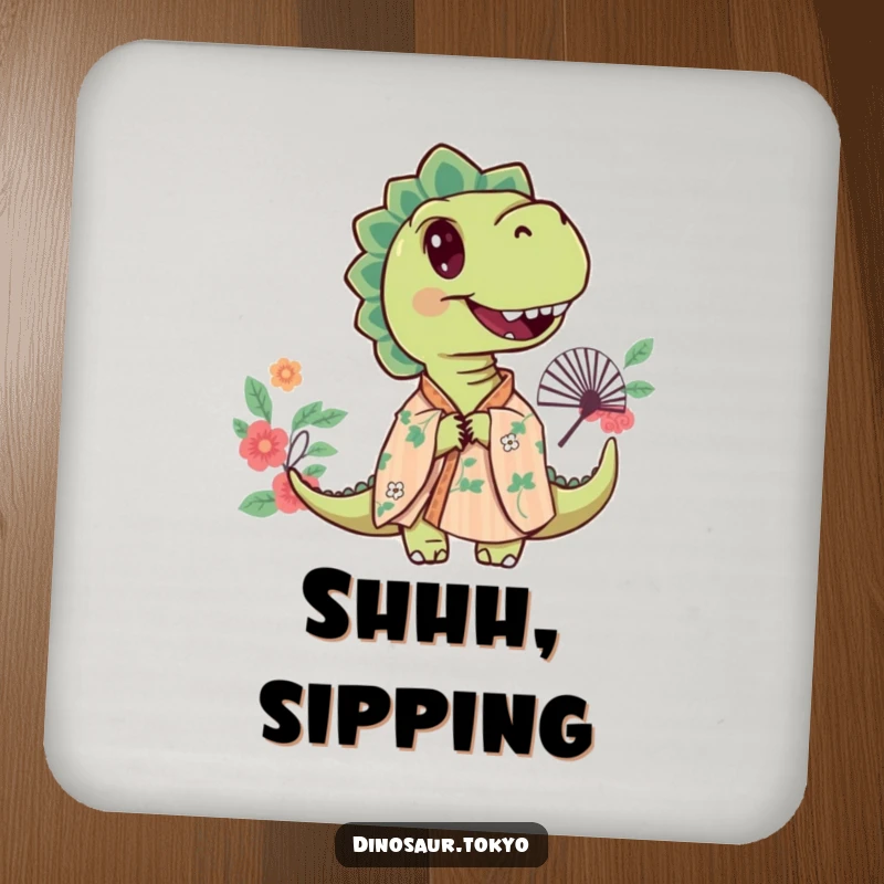 Funny coasters with a curious dinosaur wearing a floral kimono, peeking from behind a beautifully designed fan.