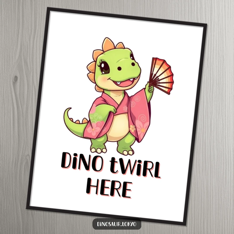 Funny Poster displaying a cute dinosaur in a kimono happily twirling a fan, adding cheerful and funny decor.
