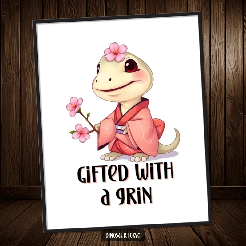 Funny Compsognathus Kimono Poster featuring a grinning tiny dinosaur in a small kimono, offering a cherry blossom for humorous wall decor.