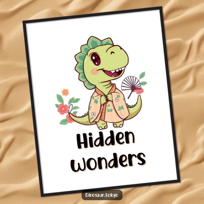 Funny poster of a curious dinosaur wearing a floral kimono, peeking from behind a decorative fan with an inquisitive look.