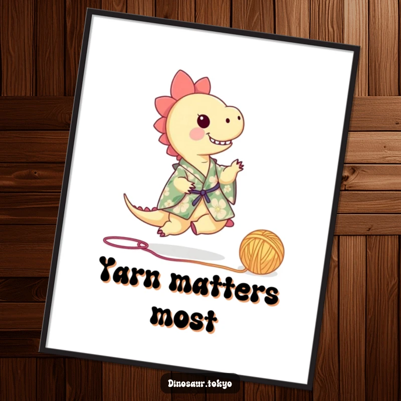 Funny tiny dinosaur wearing a floral kimono, playfully kicking a ball of yarn, a humorous and vibrant wall art print.