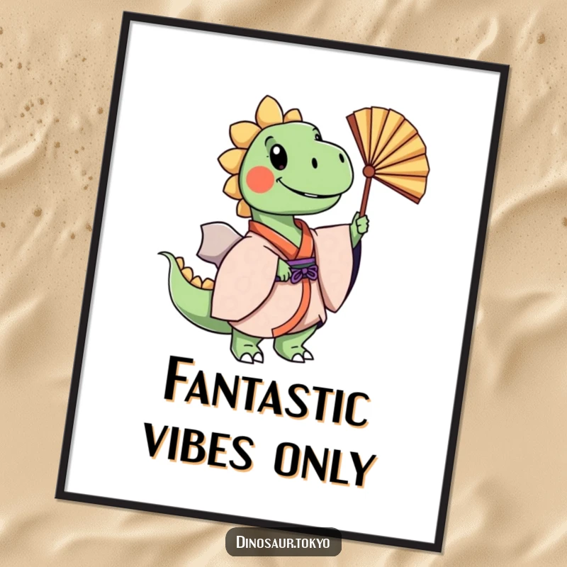 Funny cheerful dinosaur in a layered kimono gracefully swaying a fan, a humorous and elegant art print.