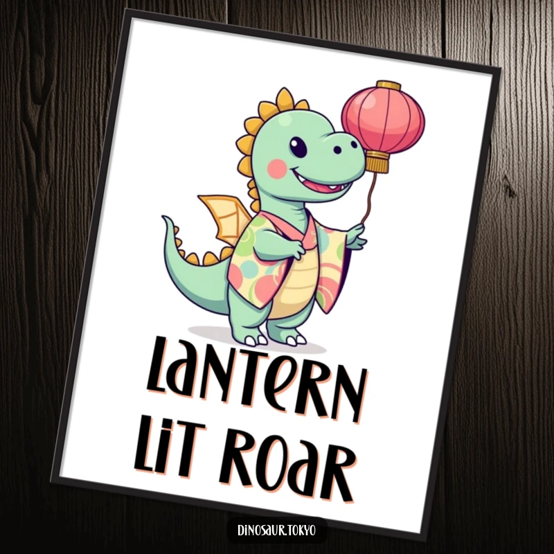 Funny smiling dinosaur in a vibrant kimono twirling a paper lantern, a delightful and whimsical art print for wall decor.