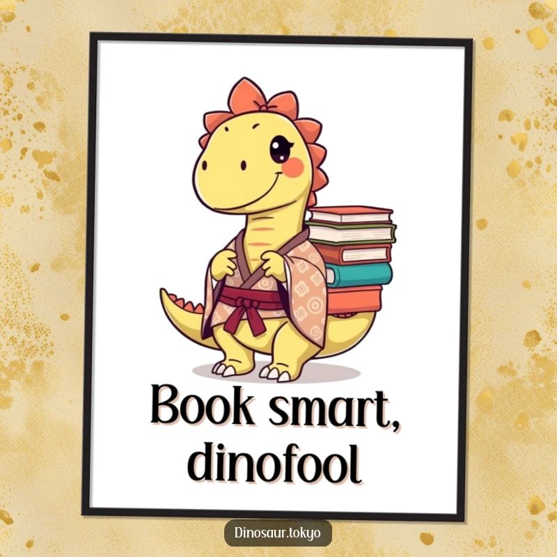 Funny Poster: A mischievous dinosaur in a patterned kimono balances a stack of books, creating a humorous and intelligent art piece.