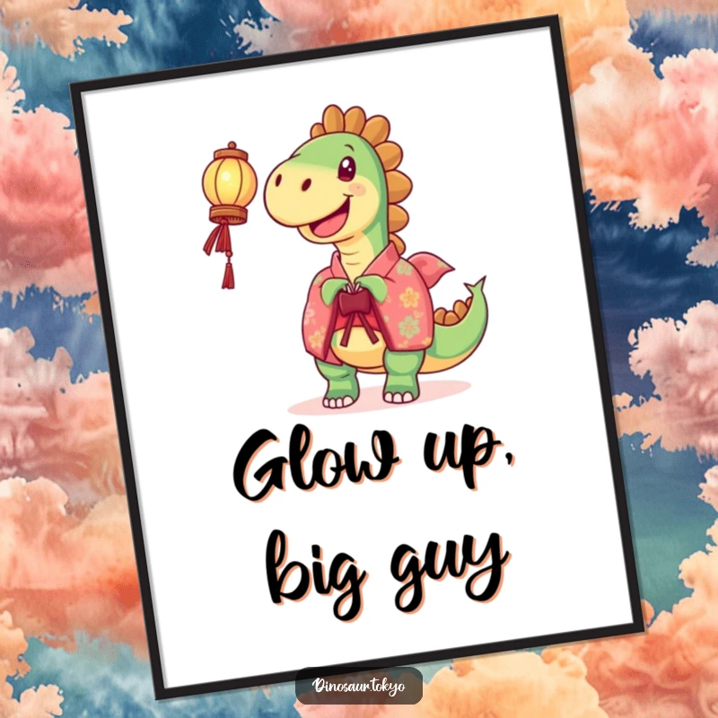 Funny Poster: A joyful dinosaur in a vibrant kimono holds a lantern, creating a humorous and radiant art piece for walls.