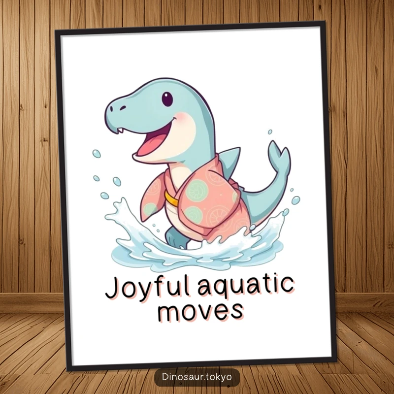 Funny Ichthyosaurus Kimono Poster featuring a happy ancient sea creature in a flowing kimono, doing a joyful splash for humorous aquatic decor.