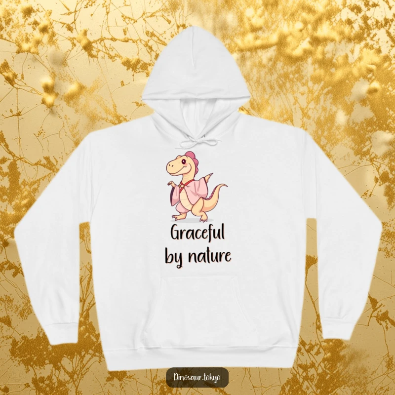 Funny Hoodie: A cozy hoodie depicts a dinosaur in a silk kimono gracefully dancing, a truly humorous and warm design.