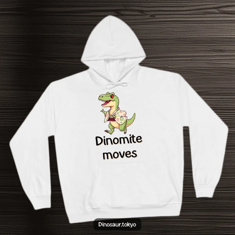 Funny Hoodie depicting a happy velociraptor dressed in a patterned kimono, captured mid-air in a triumphant leap.