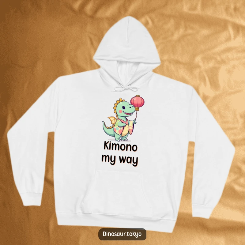 Funny dinosaur wearing a vibrant kimono and twirling a paper lantern, offering cozy comfort with a touch of artistic joy.