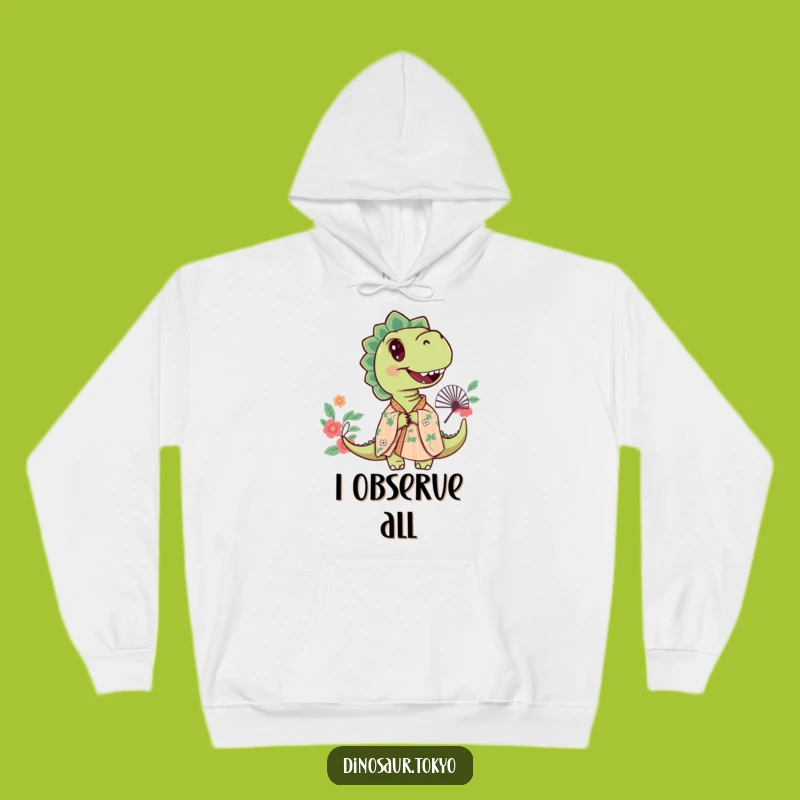 Funny Curious Dino Hoodie, Floral Kimono Art, Cozy Mysterious Comfort Gift