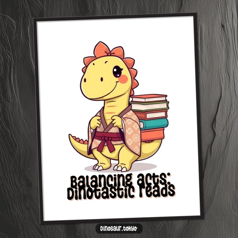 Funny free printable wall art of a mischievous dinosaur in a patterned kimono balancing a huge stack of books.