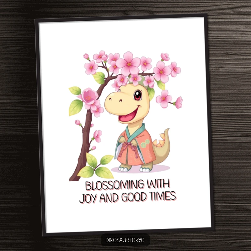 Funny Free Printable Wall Art: Kimono dinosaur peeking amusingly from behind a large cherry blossom branch, cute downloadable decor.