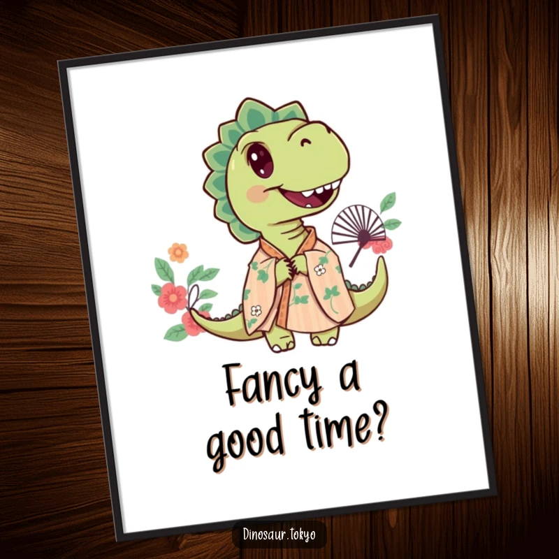 Funny Free Printable Wall Art of a curious dinosaur in a floral kimono peeking from behind a decorative fan, adding charm and intrigue.