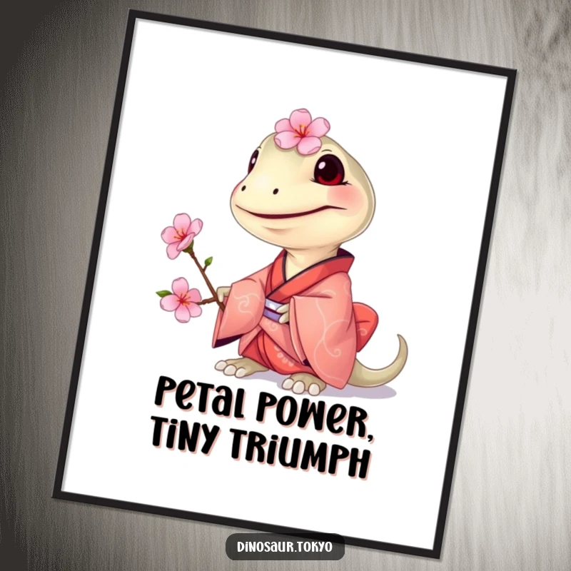 Free Printable Wall Art: A grinning Compsognathus wearing a small kimono offers a delicate cherry blossom.