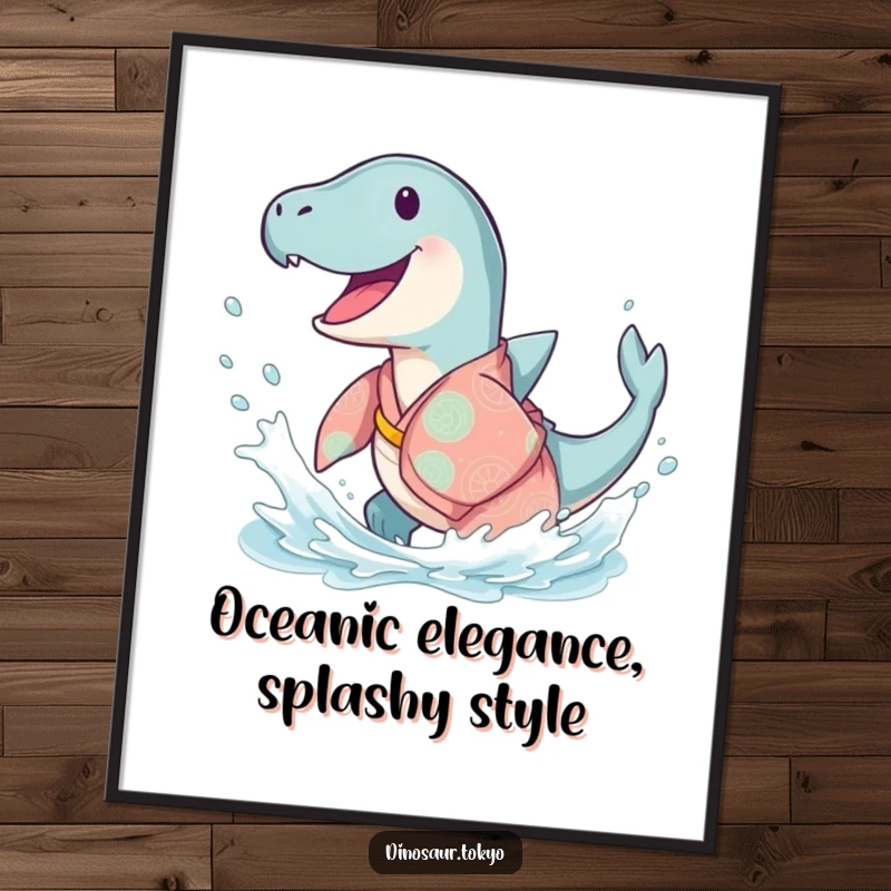 Free Printable Wall Art: A happy Ichthyosaurus wearing a kimono performs a joyful splash, bringing aquatic energy to the room.