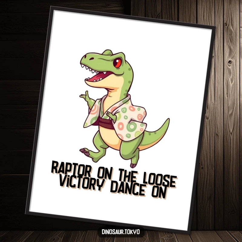 Funny free printable wall art of a joyful velociraptor in a patterned kimono performing a triumphant leap.