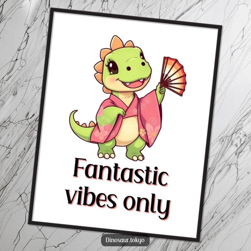 Funny Free Printable Wall Art of a cute dinosaur wearing a colorful kimono, happily twirling a fan, creating a joyful and quirky scene.