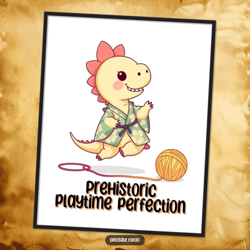 Funny Free Printable Wall Art: Tiny dinosaur in floral kimono playfully kicking a ball of yarn, adding quirky charm to decor.