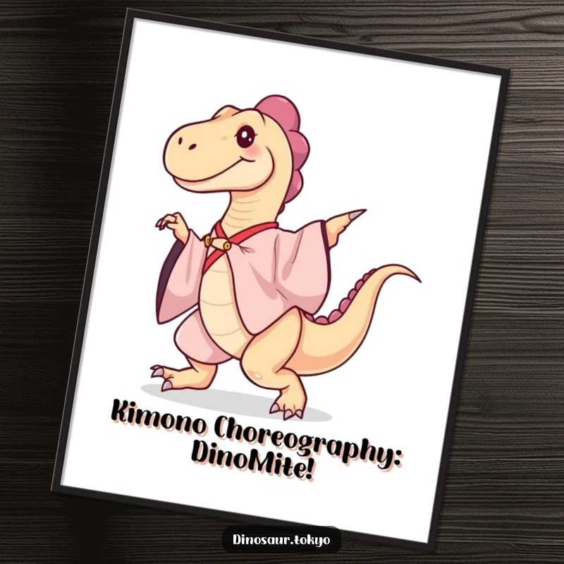 Funny free printable wall art of a graceful dinosaur in a silk kimono performing an elegant dance move.