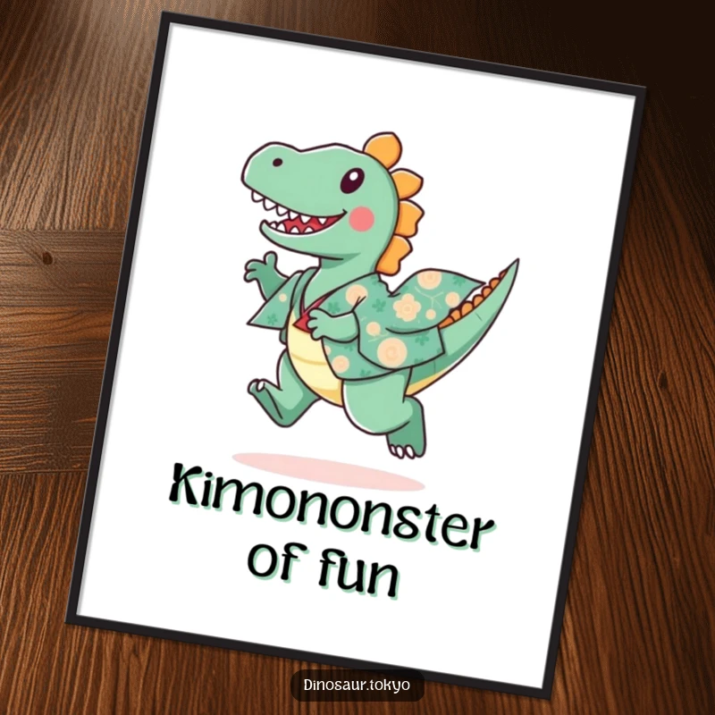 Funny Free Printable Wall Art of a playful dinosaur wearing a patterned kimono, leaping happily, adding vibrant energy to the space.