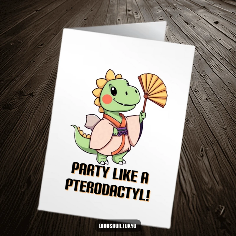 Funny Free Printable Birthday Card: Cheerful dinosaur in layered kimono gracefully sways a fan, celebrating joyfully.