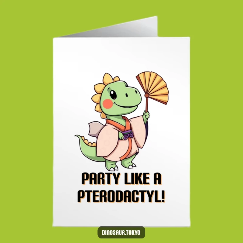 Free Printable Birthday Card: Cheerful Dino Kimono Fan Dance, Funny Festive Greeting, Downloadable!