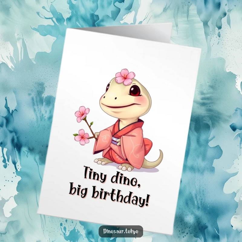 Funny Free Printable Birthday Card: A grinning Compsognathus in a small kimono offers a delicate cherry blossom for a birthday.