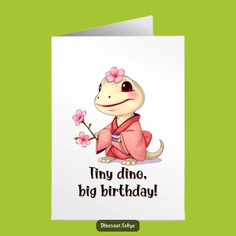 Free Printable Birthday Card: Compsognathus Kimono & Cherry Blossom for a Sweet Celebration