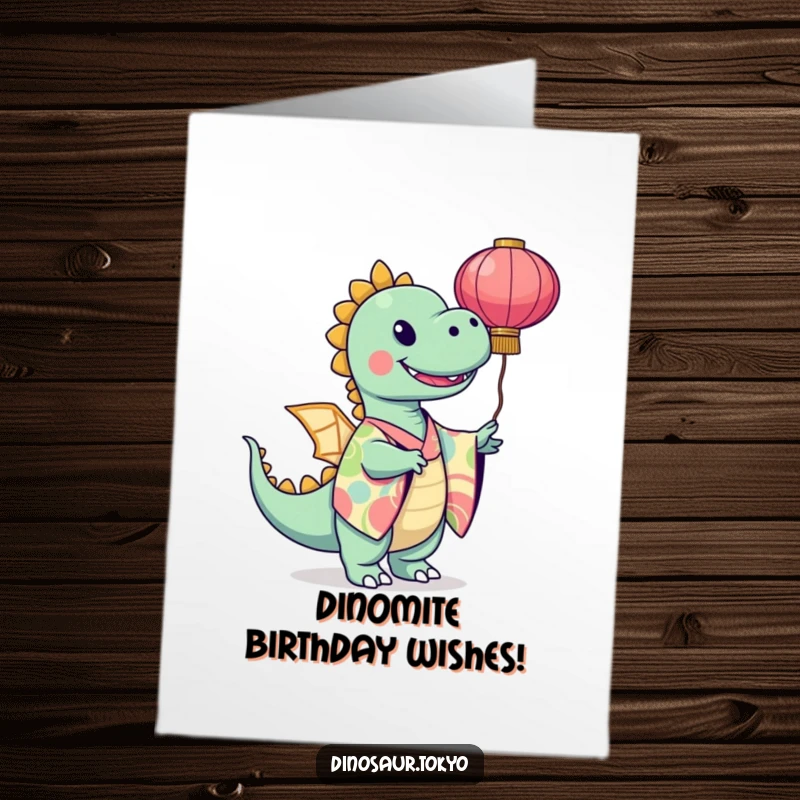 Funny Free Printable Birthday Card: a smiling dinosaur in a vibrant kimono joyfully twirls a paper lantern for a festive wish.