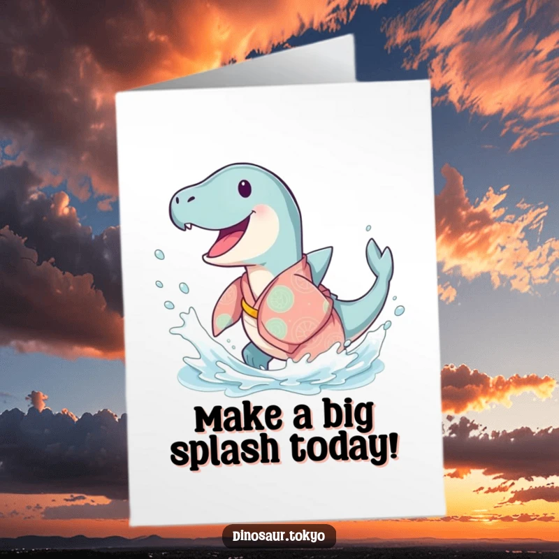 Funny Free Printable Birthday Card: A happy Ichthyosaurus in a kimono splashing joyfully, celebrating a birthday with aquatic fun.