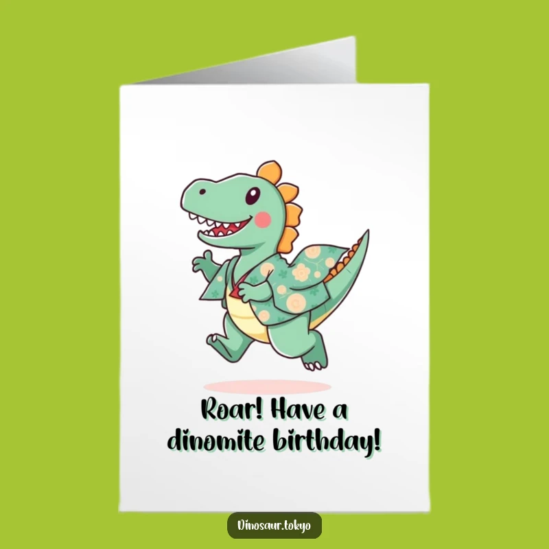 Free Printable Funny Dino Birthday Card: Playful Kimono Dinosaur Downloadable Gift