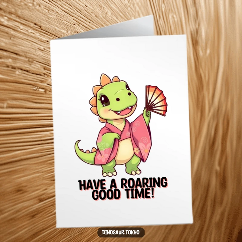 Funny Free Printable Birthday Card featuring a cute dinosaur in a colorful kimono happily twirling a fan, celebrating with joy.