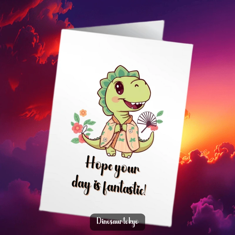 Funny Free Printable Birthday Card of a curious dinosaur in a floral kimono peeking playfully from behind a decorative fan.