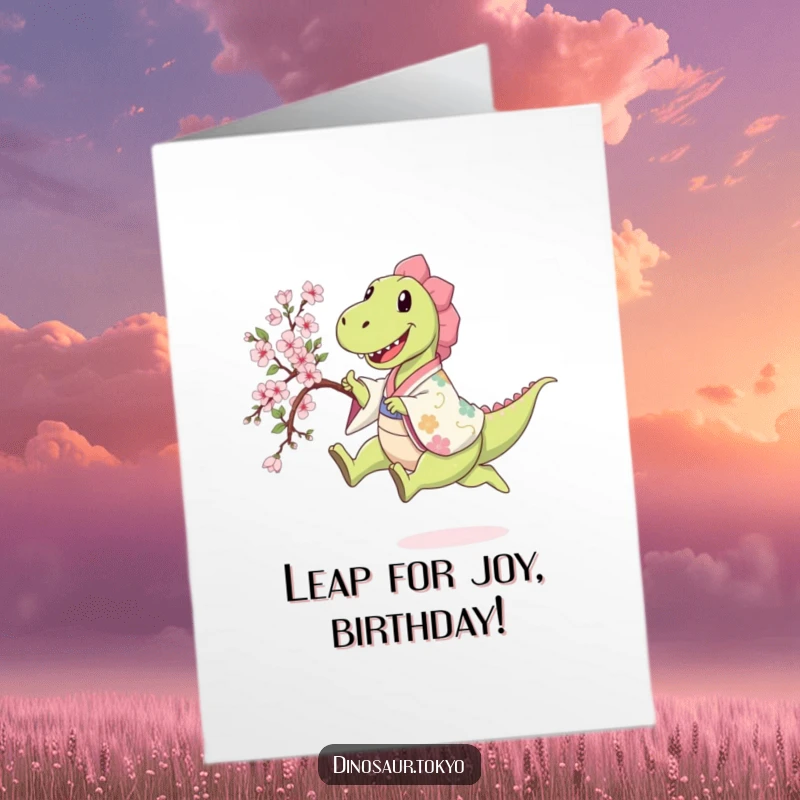 Funny Free Printable Birthday Card: Happy dinosaur in patterned kimono leaps joyfully holding a sakura branch, celebrating spring's arrival.