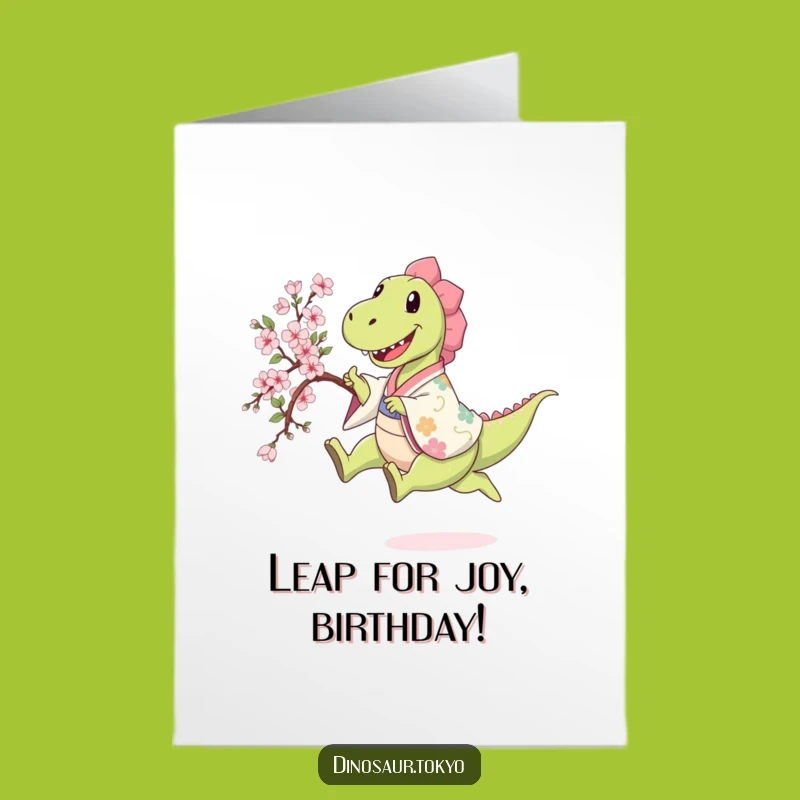 Free Printable Birthday Card: Dino's Sakura Leap, Funny Joyful Celebration, Downloadable Gift!
