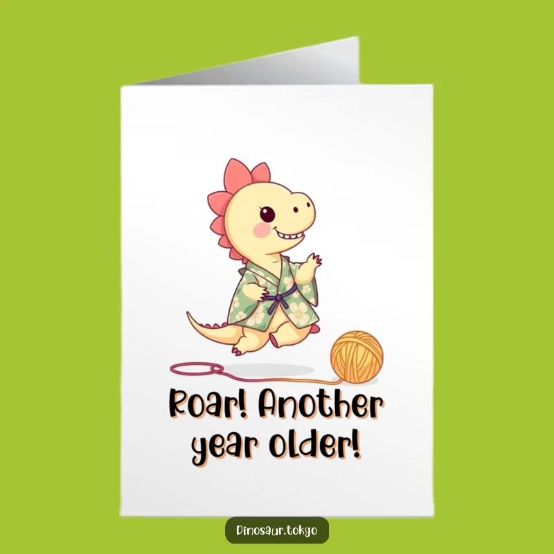 Free Printable Birthday Card: Tiny Dino in Kimono, Funny Yarn Kung Fu, Downloadable Gift!