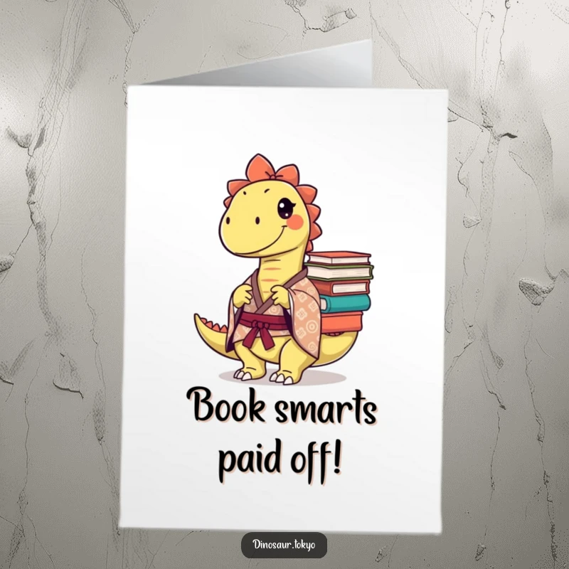 Funny free printable congratulations card of a mischievous dinosaur in a kimono balancing many books.