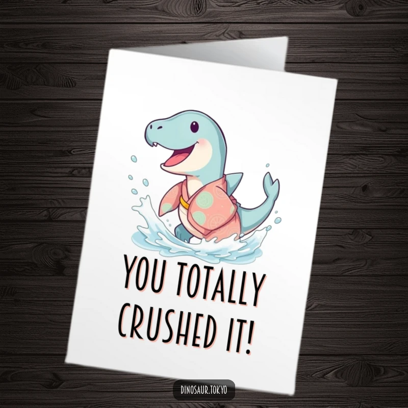 Free Printable Congratulations Card: A cheerful Ichthyosaurus in a kimono making a big splash to celebrate an achievement.
