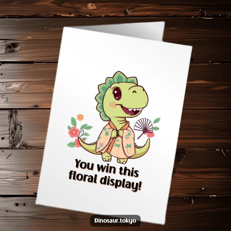 Funny Free Printable Congratulations Card featuring a curious dinosaur in a floral kimono peeking shyly from behind a fan.